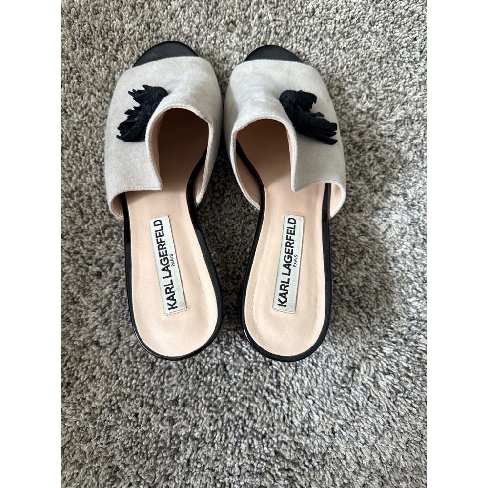 Karl Lagerfeld Paris Suede Tassel Mule Heels Gray Black Womens - Picture 4 of 6